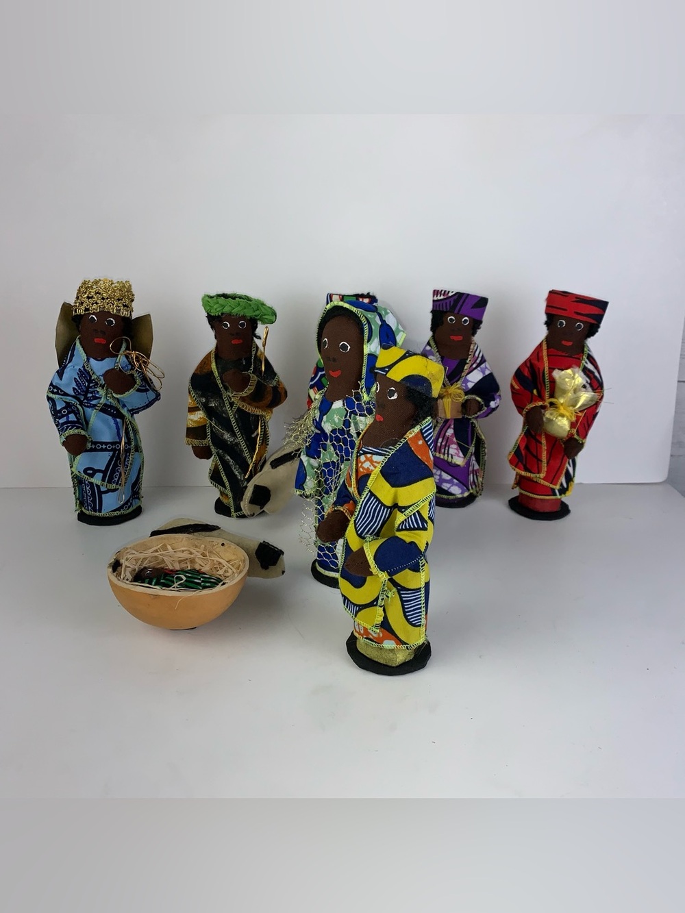 African Ghana Nativity Scene Set Kente Cloth Handsewn Set of 8 Handmade 7" Tall